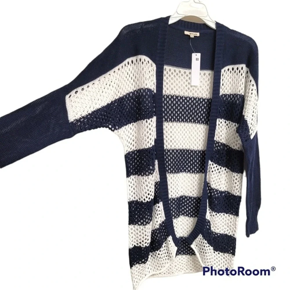 Lamade Navy Blue And White Striped Nautical Open Front‎ Knit Beachy Cardigan XS